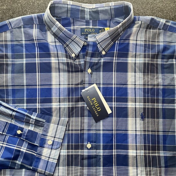 New Polo Ralph Lauren Blue Plaid Poplin Long Sleeve Button Shirt Mens 3XB